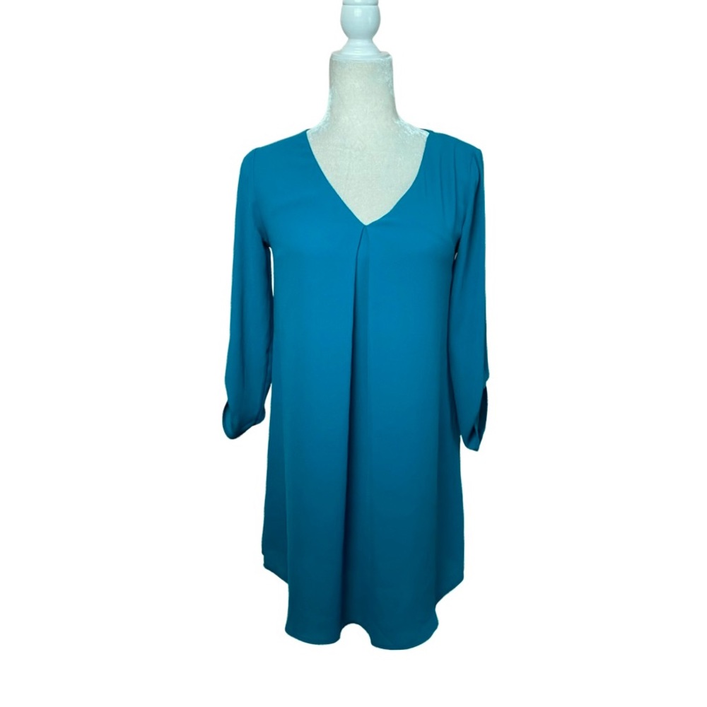 Lush Turquoise Teal Chiffon Roll Tab Sleeve V-Neckline Tunic Top Size XS